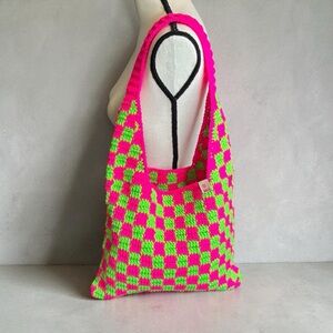Handmade Neon Pink & Lime Green Checker Checkerboard Crochet Shoulder Tote Bag
